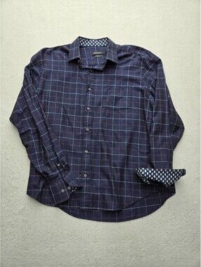 Bugatchi Men's Button-Up Large Blue/White Plaid 100% Cotton Long Sleeve Work